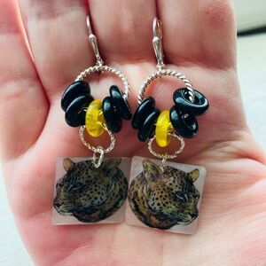 Shell Leopard Print Pierced Leverback Dangle Earrings